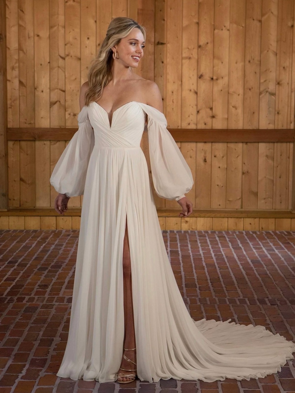 sass & bide Ivory Off-the-Shoulder Chiffon Wedding Dress with Balloon Sleeves